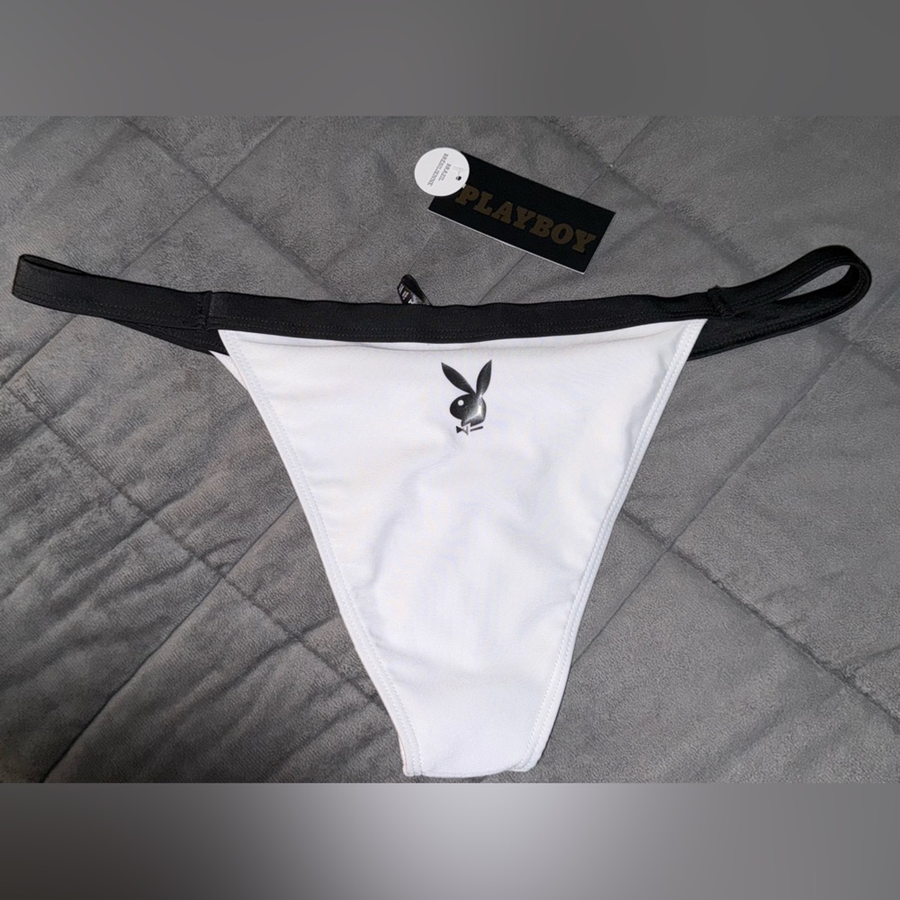 PLAYBOY White w/ Black Trim Bikini Bottom- Size Large NWT